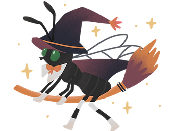 Eeatie flying on a broom